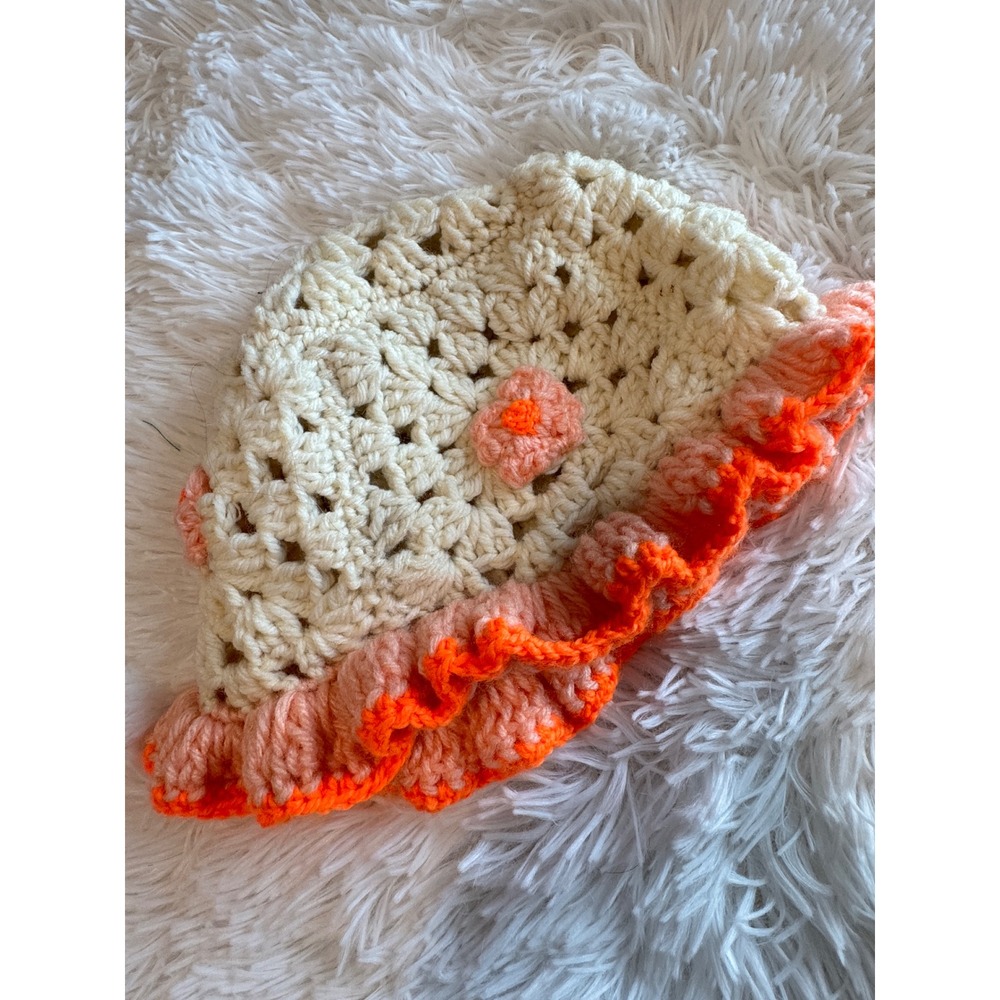 Handmade Crochet Bucket Hat Cream Pink Orange Ruffle Brim Floral Cottagecore